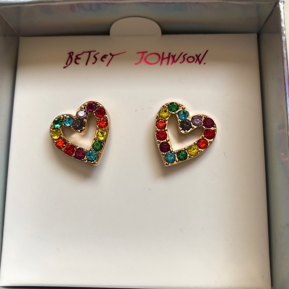 Betsey Johnson Gold Tone Open Frame Heart Stud Earrings Multicolored Crystal NIB - Picture 4 of 12